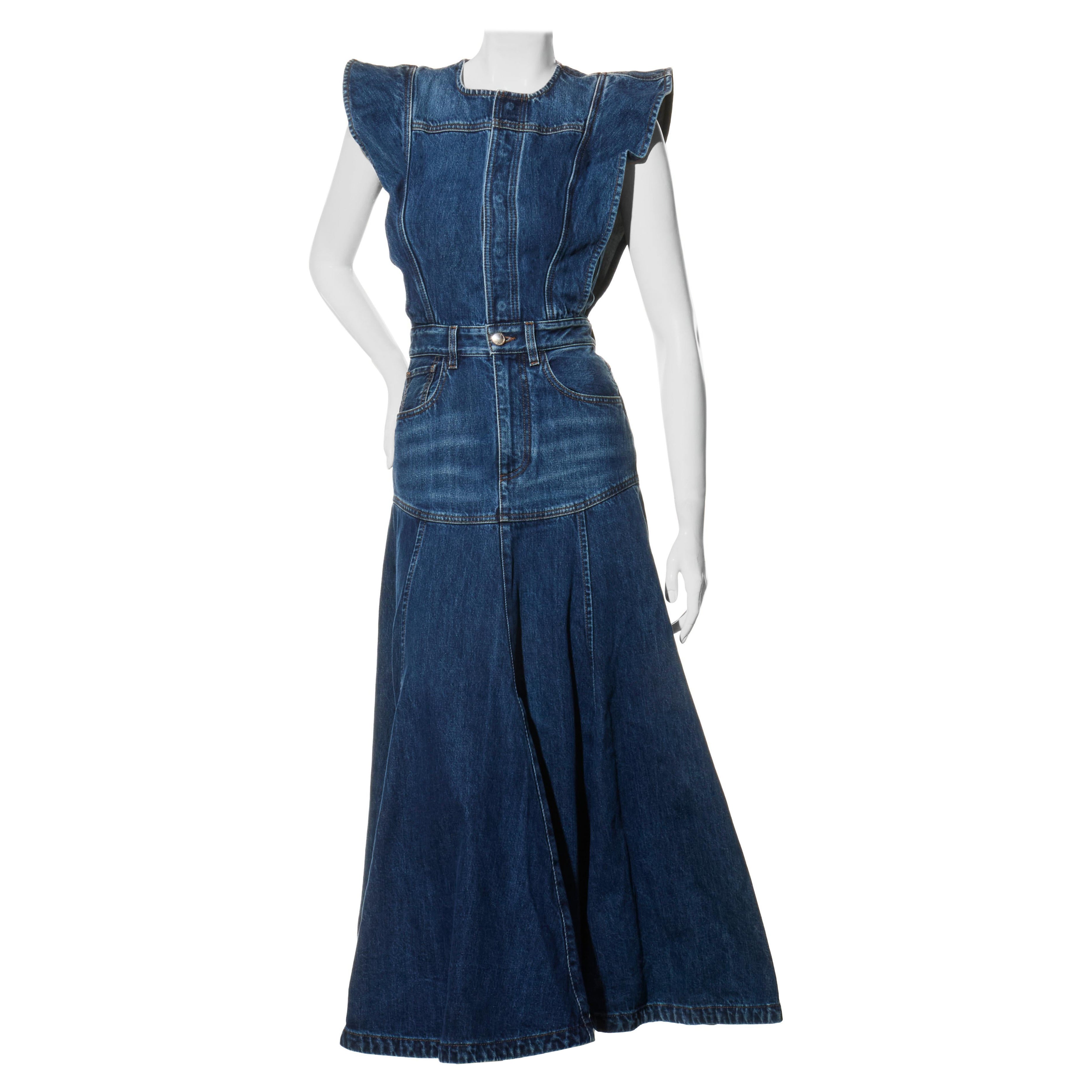 Chloé Dusky Blue Denim Maxi Dress Resort 2022 Collection Size 34 For Sale
