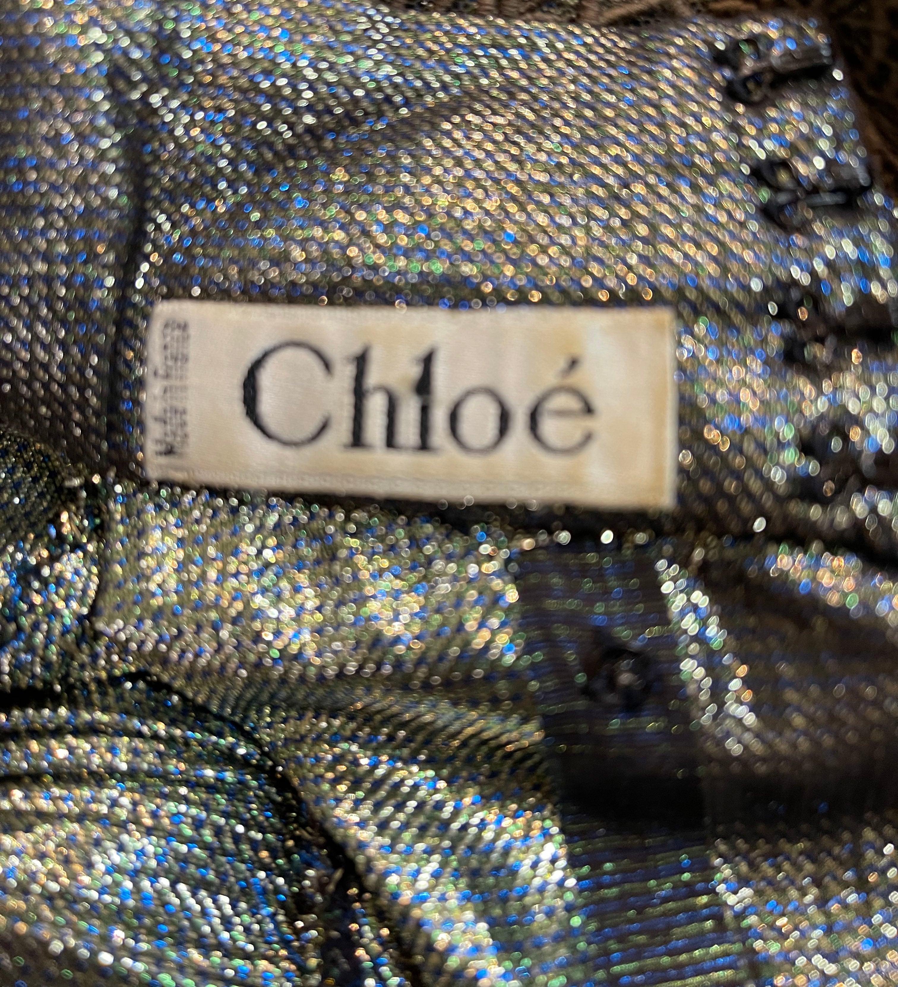 Robe en lurex argenté/doré/bleu avec application de dentelle, années 1980. Excellent état - En vente à Los Angeles, CA