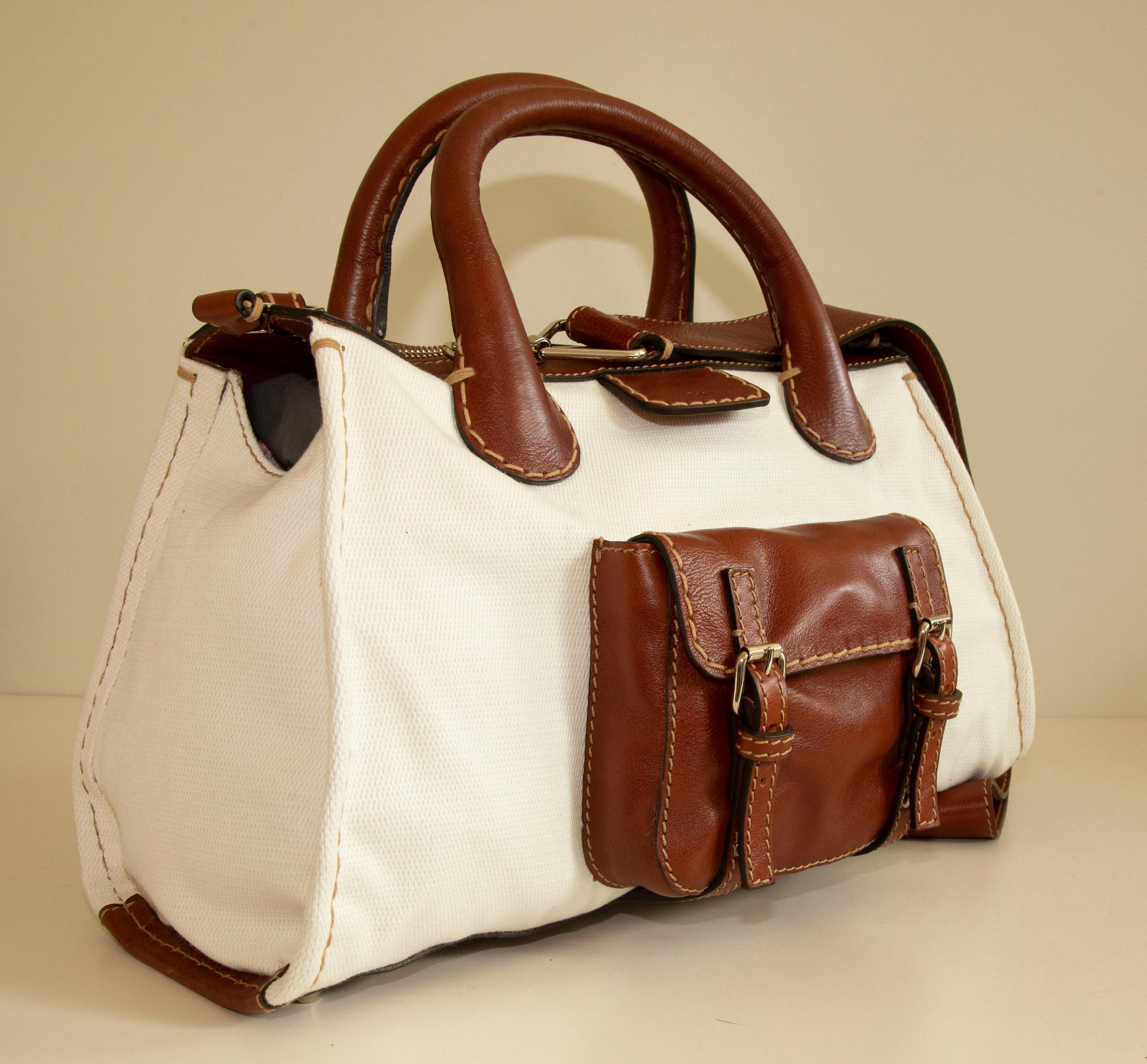 Chloe Edith Medium Tote in White Canvas and Brown Leather In Good Condition For Sale In Arnhem, NL