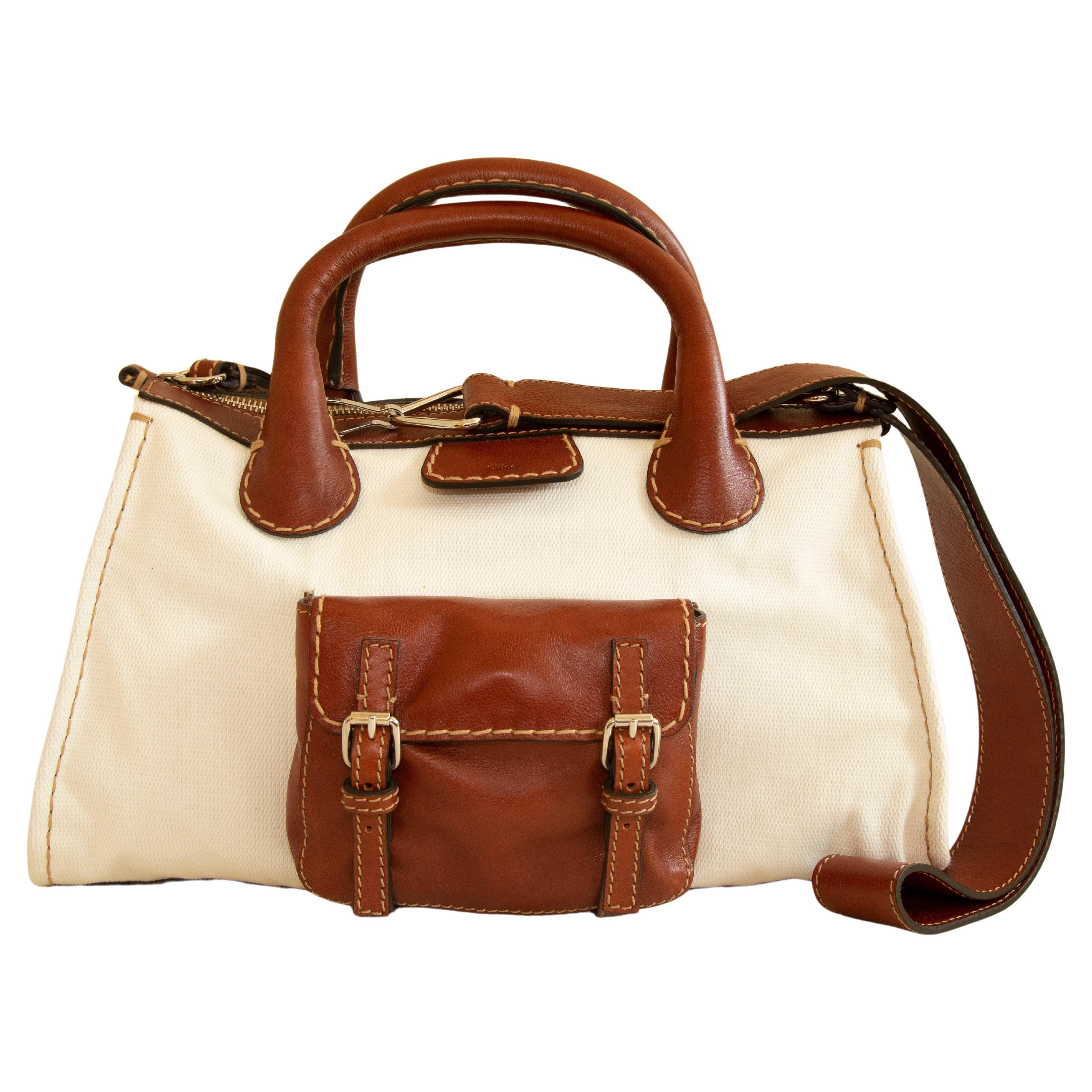 Chloe Edith Medium Tote in White Canvas and Brown Leather For Sale