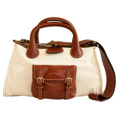 Chloe Edith Medium Tote in White Canvas and Brown Leather