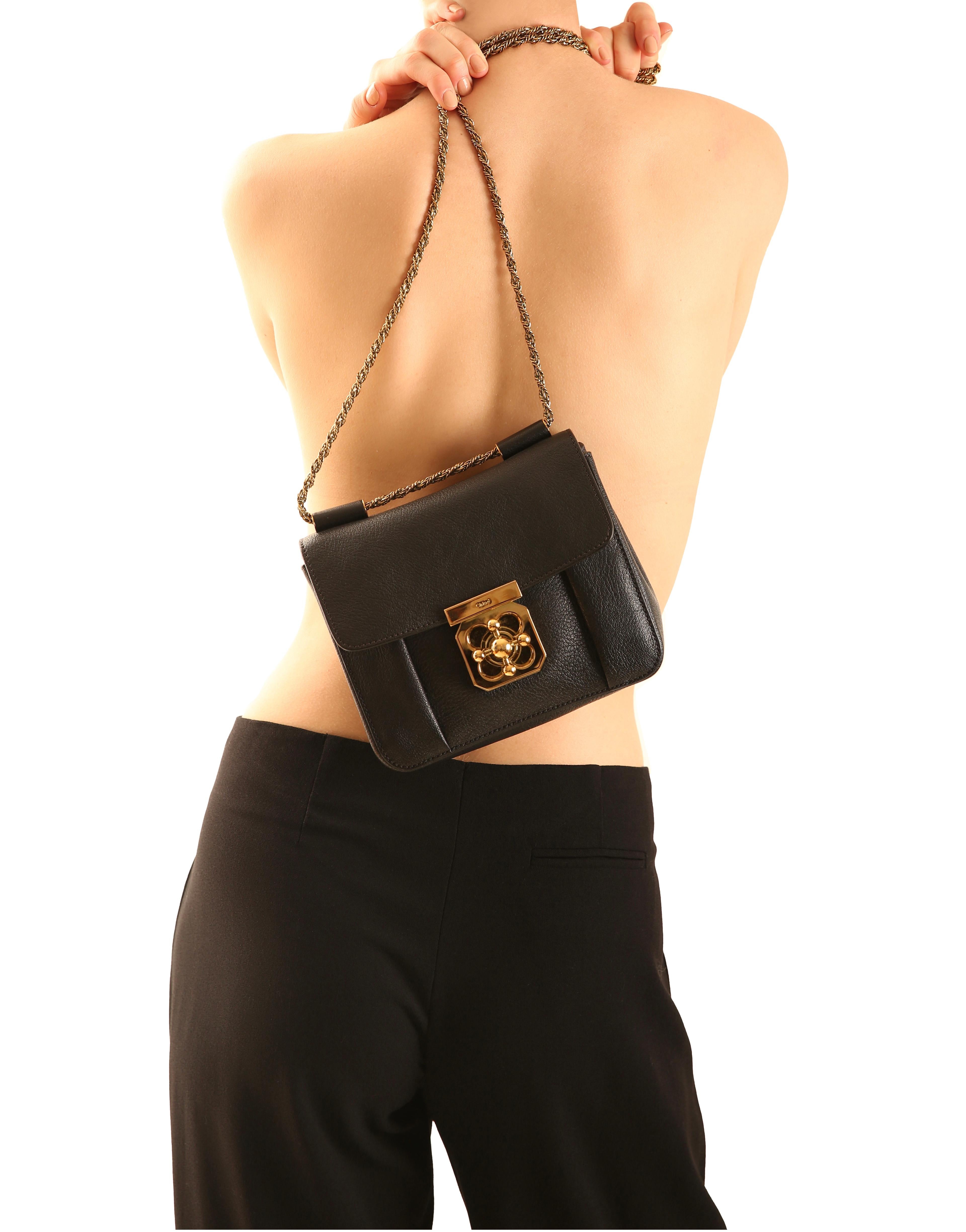 Black Chloe Elise black small gold chain grained leather shoulder bag clutch For Sale