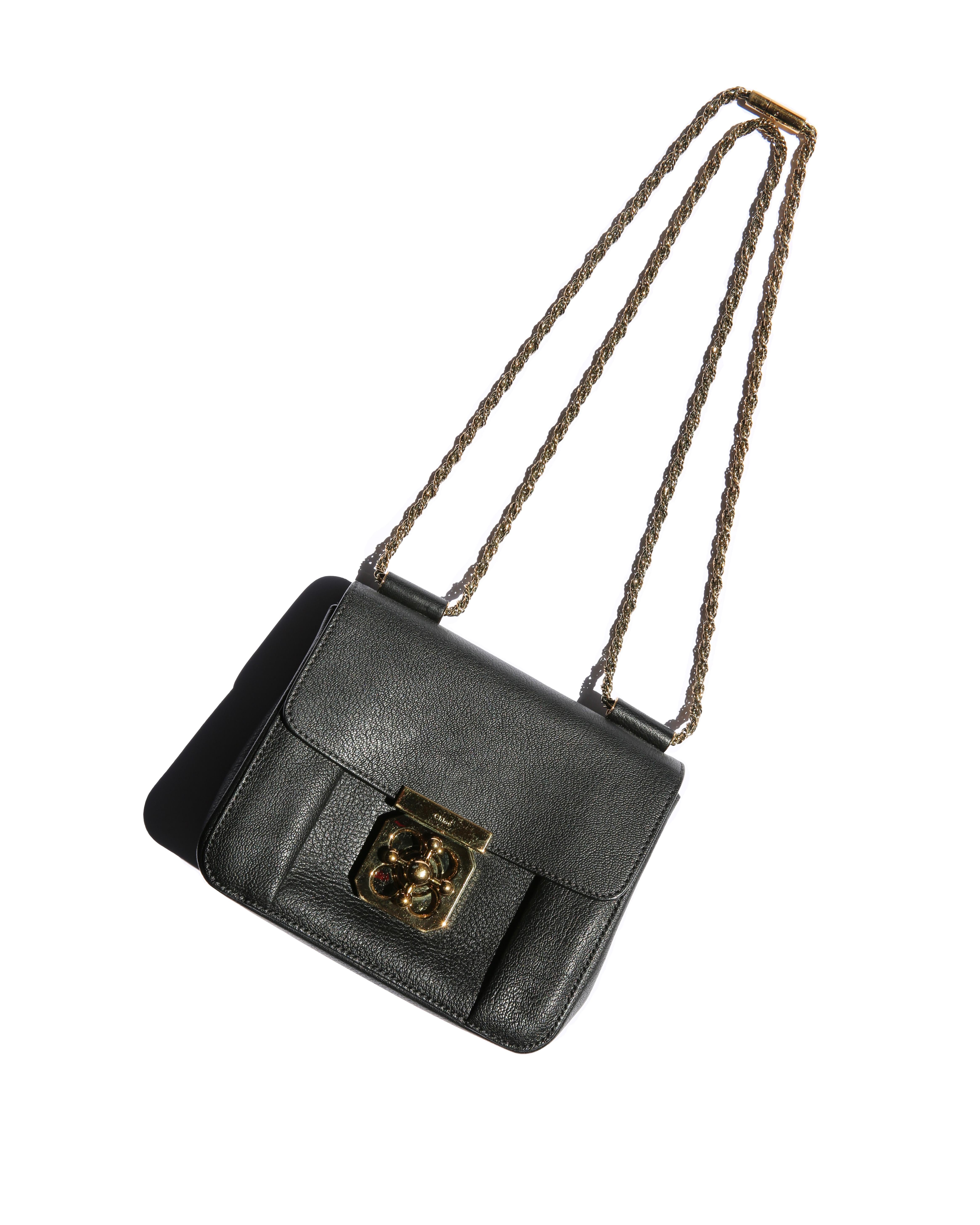 Chloe Elise black small gold chain grained leather shoulder bag clutch For Sale 2