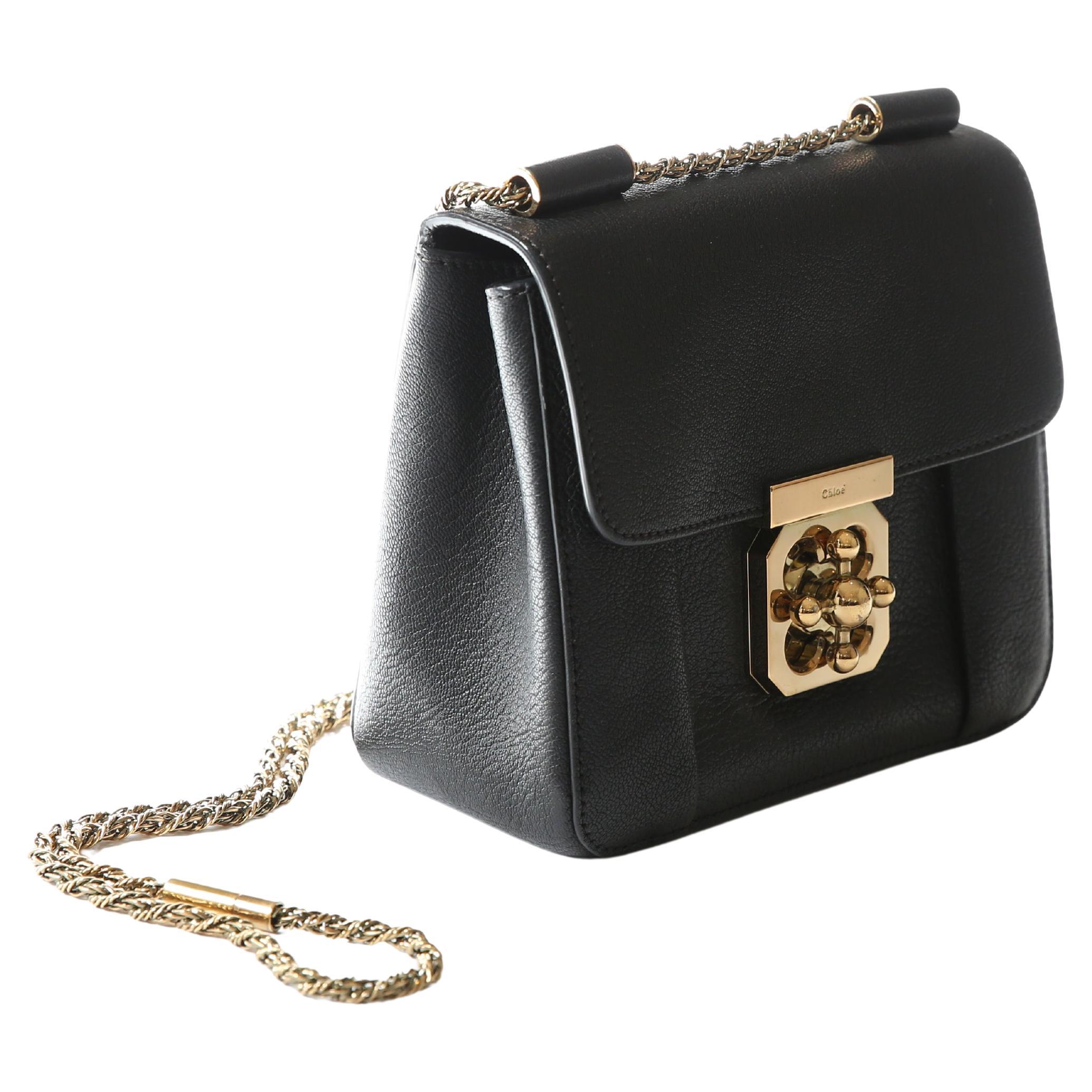 Chloe Elise black small gold chain grained leather shoulder bag clutch For Sale