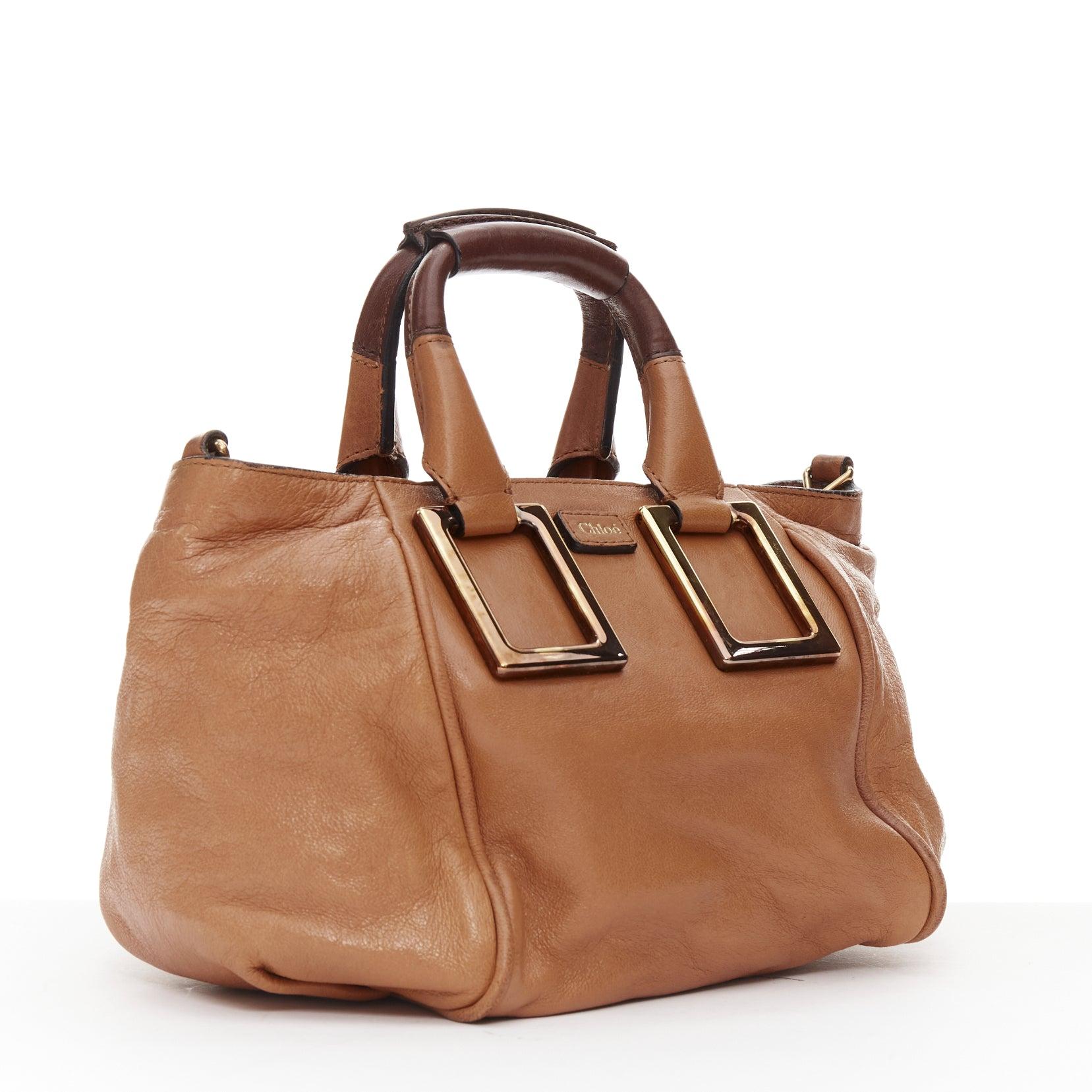 Brown CHLOE Ethel tan smooth leather gold logo square buckles small shoulder bag