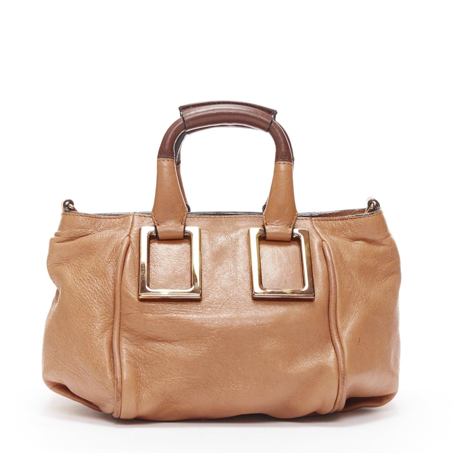 Women's CHLOE Ethel tan smooth leather gold logo square buckles small shoulder bag