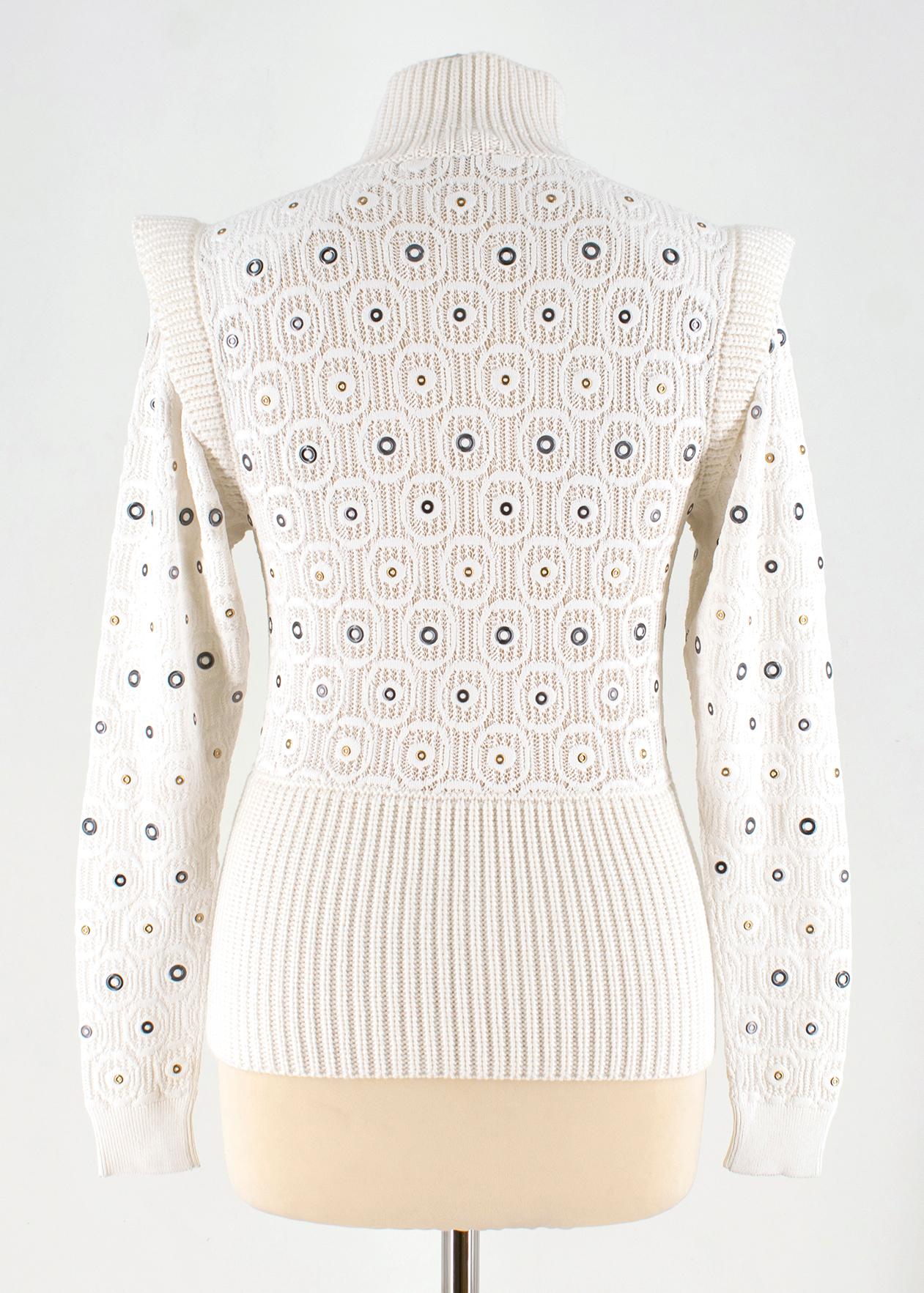 Gray Chloe eyelet-embellished crochet-knit sweater US 4