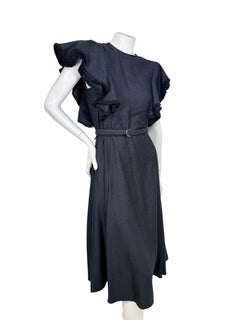 Chloé Fall 2022 Black Silk Wool Fringed Ruffle Cape Sleeve Midi Dress FR 38