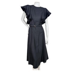Chloé Fall 2022 Black Silk Wool Fringed Ruffle Cape Sleeve Midi Dress FR 38