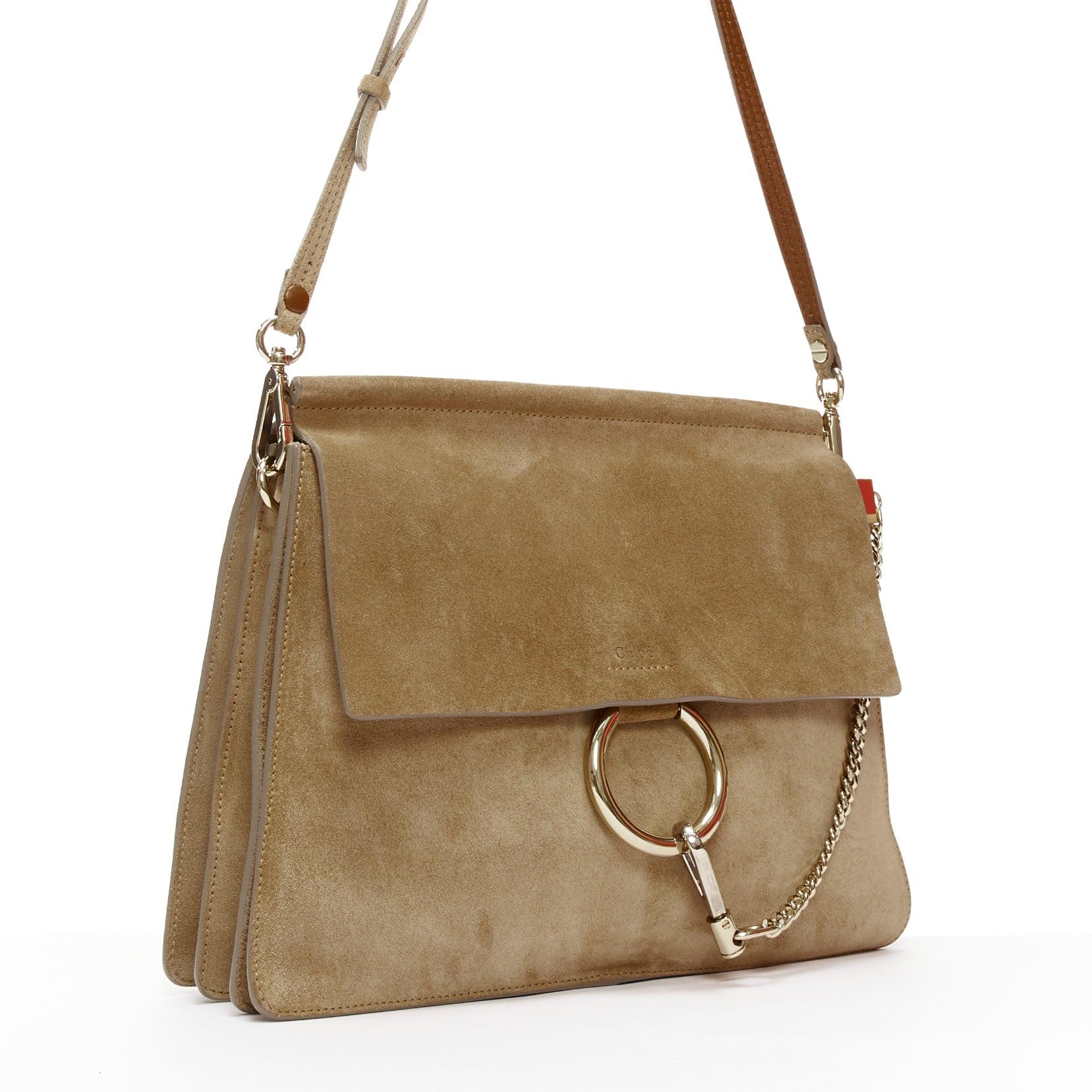 Brown CHLOE Faye brown suede gold ring chain brown crossbody flap bag