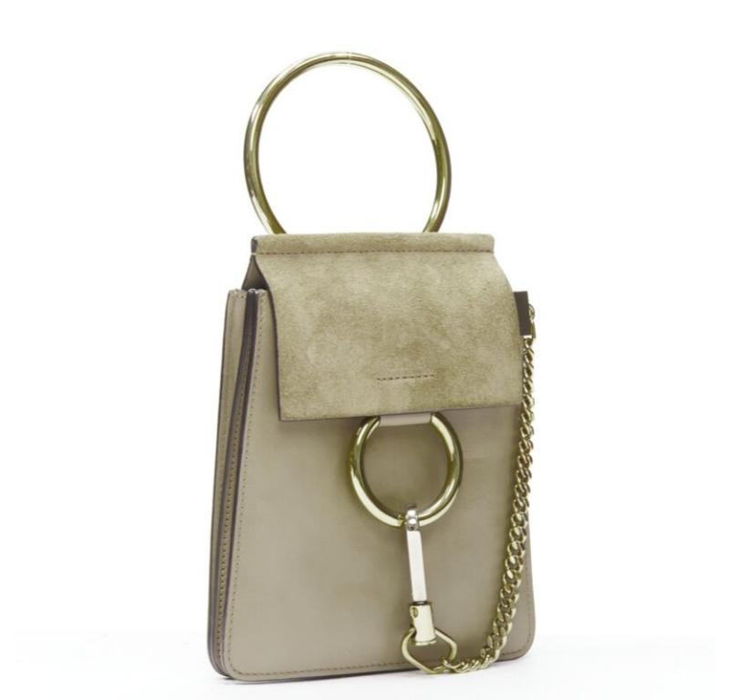 Brown CHLOE Faye gold bangle bracelet ring chained crossbody grey suede leather bag For Sale