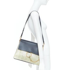 CHLOE Faye Medium beige python black calfskin leather chain flap shoulder bag
