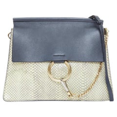 CHLOE Faye Medium beige python black calfskin leather chain flap shoulder bag