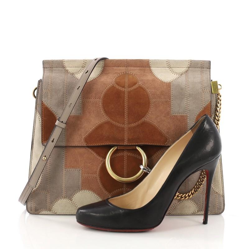 This Chloe Faye Patchwork Shoulder Bag Suede Medium, crafted from brown and gray suede, features an adjustable leather strap, vintage geometric floral motif, gusseted sides, chain and ring closure, and gold-tone hardware. Its hidden magnetic snap