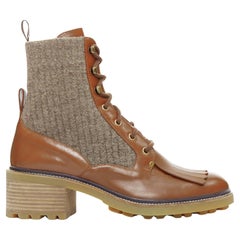 CHLOE Franne khaki fabric trimmed brown combat ankle boots EU40