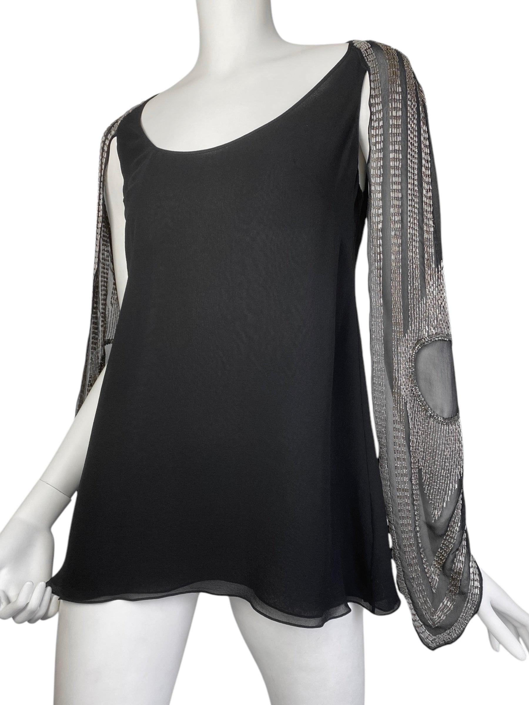 Women's or Men's CHLOÉ FW2002 by PHOEBE PHILO BLACK SILK BEADED CAPE SLEEVES TOP For Sale