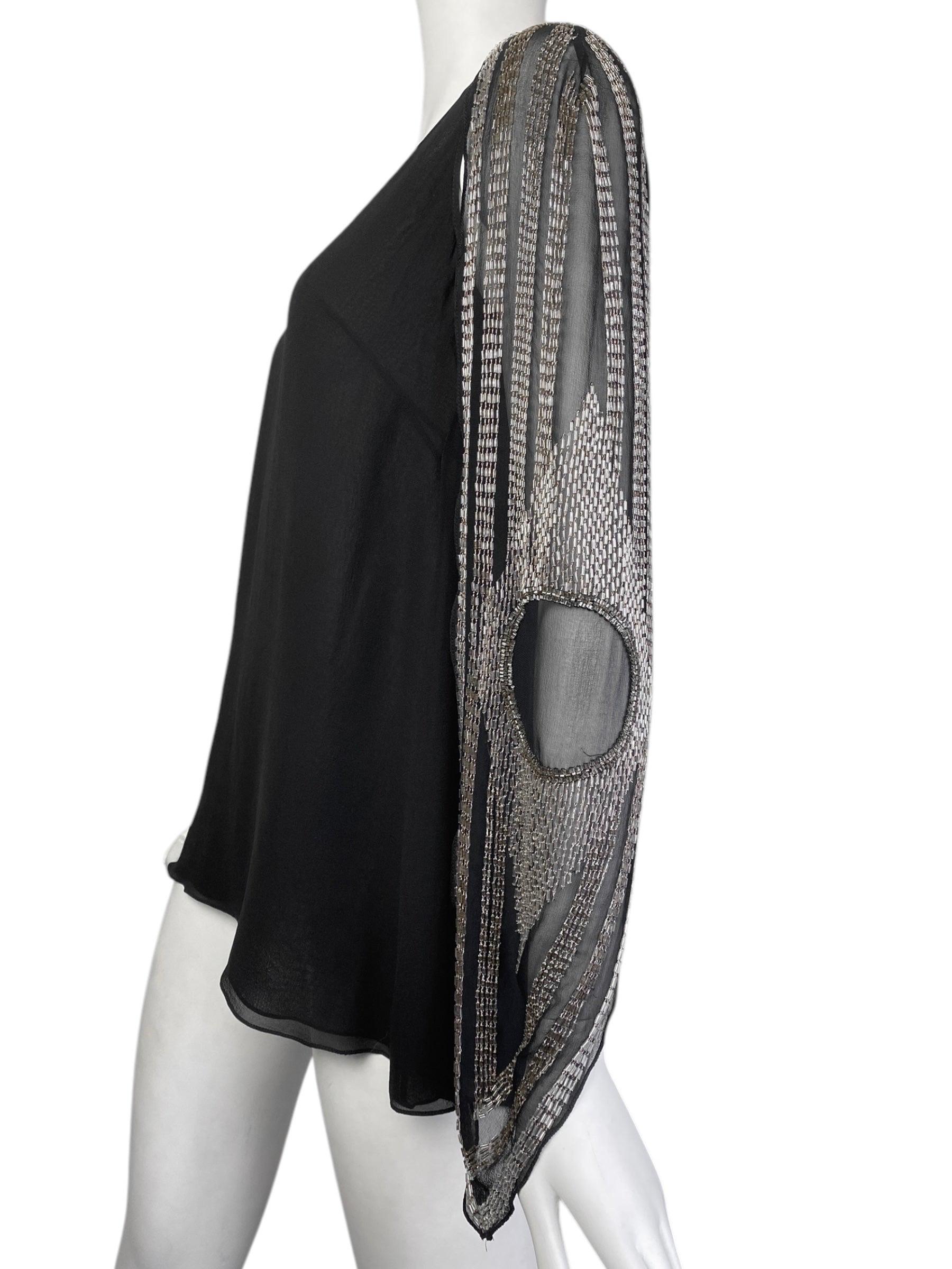 CHLOÉ FW2002 by PHOEBE PHILO BLACK SILK BEADED CAPE SLEEVES TOP For Sale 1