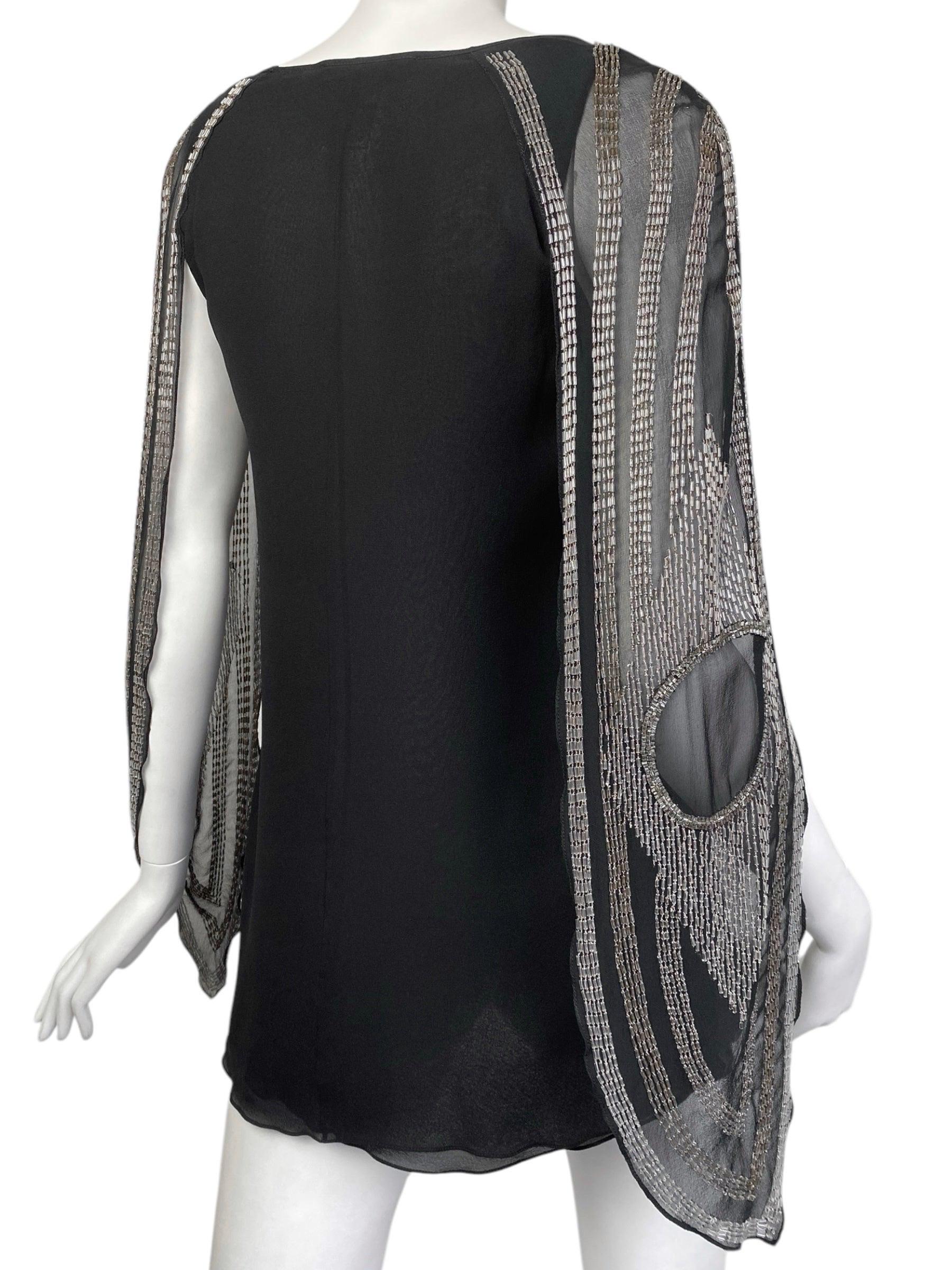CHLOÉ FW2002 by PHOEBE PHILO BLACK SILK BEADED CAPE SLEEVES TOP For Sale 4