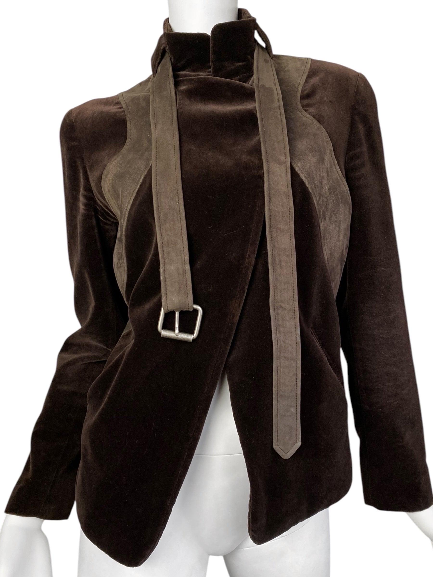 CHLOÉ FW2002 by PHOEBE PHILO BROWN VELVET & LEATHER JACKET In Good Condition In PARIS, FR