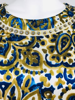 Chloe' Gold & Blue Rhinestone Jewel Neckline Blouse