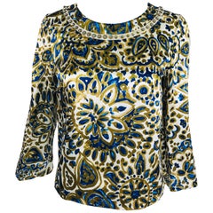 Chloe' Gold & Blue Rhinestone Jewel Neckline Blouse
