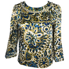 Chloe' Gold & Blue Rhinestone Jewel Neckline Blouse 