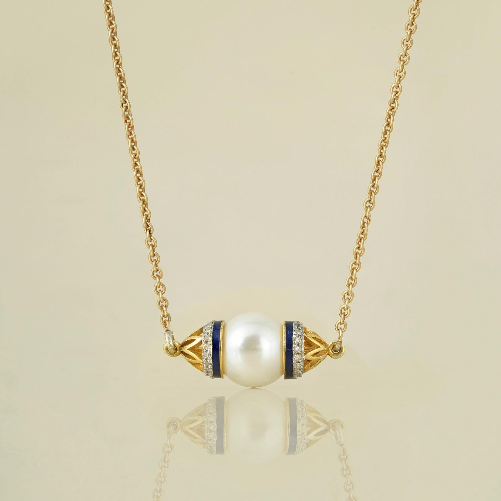 Gold(18K) : 3.91g
Gold(14K) : 1.20g
Diamonds : (VS clarity & H-I colour) : (Brilliant cut ) : 0.18ct
Gemstone: 
South Sea Pearls : 11.85ct
Others : Blue Enamel

Diamonds. South Sea pearl. Blue enamel. Crafted in gold.
Dainty and versatile with a