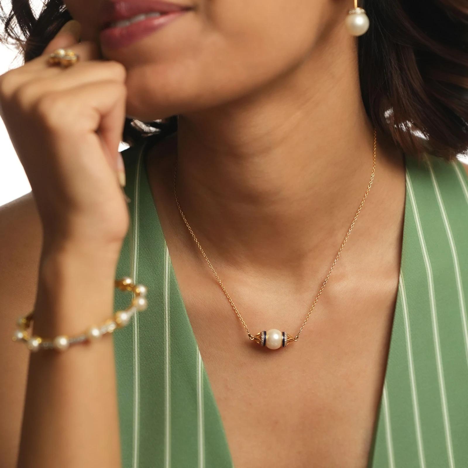 Brilliant Cut Chloe Gold Diamond South Sea Peal and Enamel Pendant Necklace For Sale