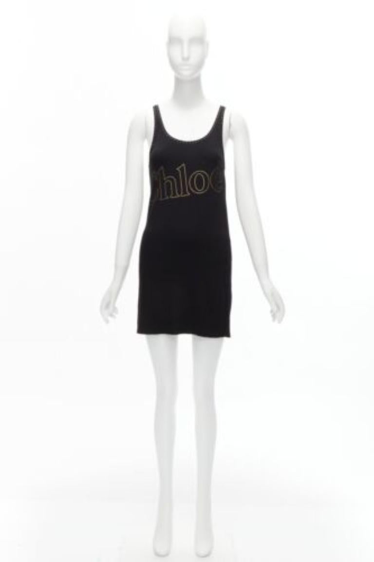 CHLOE gold foil logo black topstitch detail rock chic tank top dress S For Sale 5