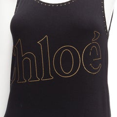 CHLOE gold foil logo black topstitch detail rock chic tank top dress S