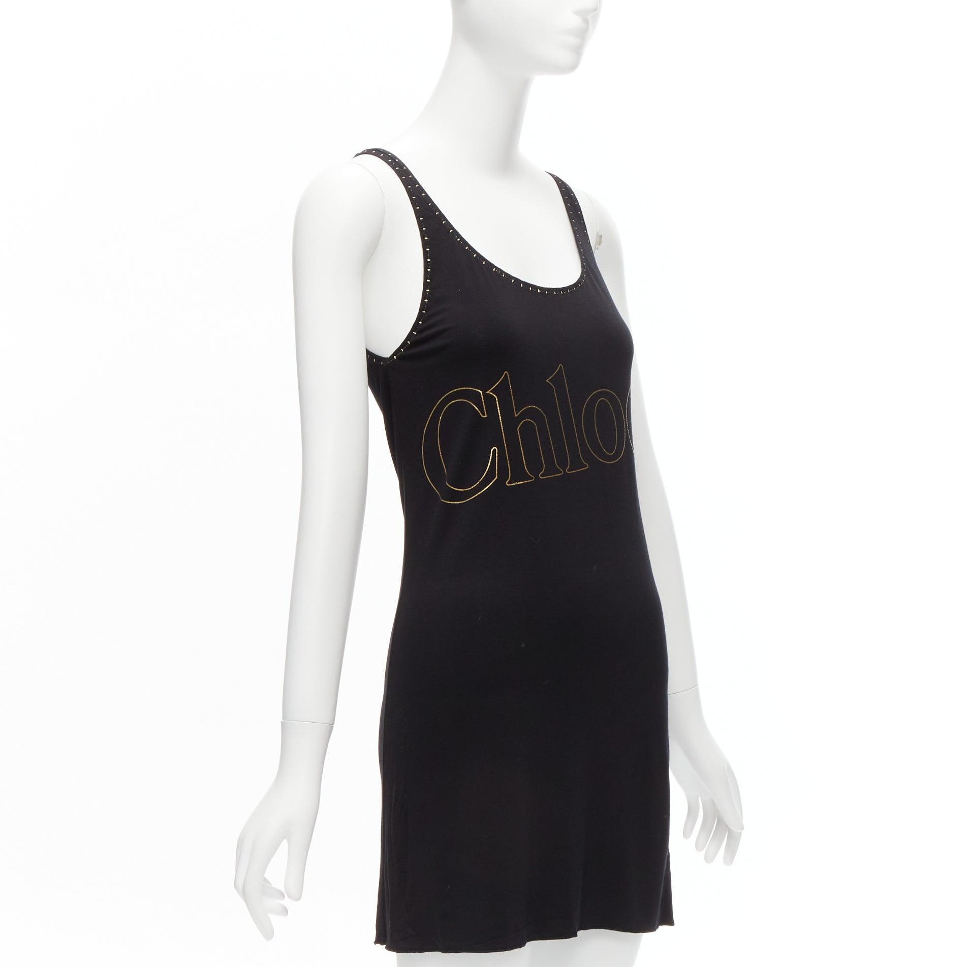 Black CHLOE gold foil logo black topstitch detail rock chic tank top dress S For Sale