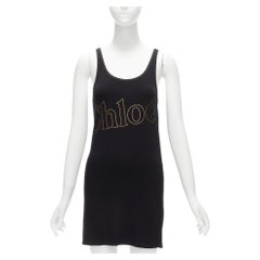 CHLOE gold foil logo black topstitch detail rock chic tank top dress S