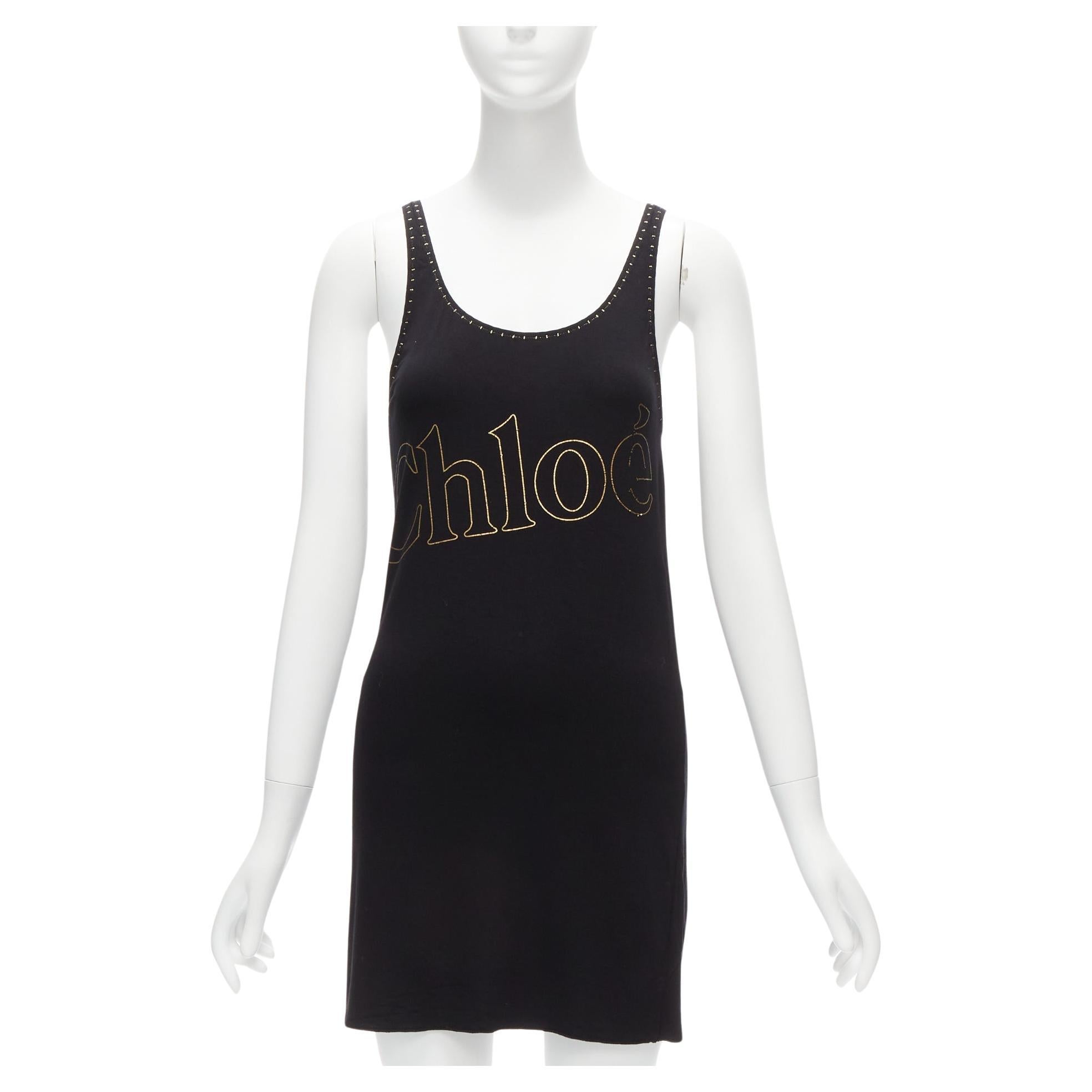 CHLOE gold foil logo black topstitch detail rock chic tank top dress S For Sale