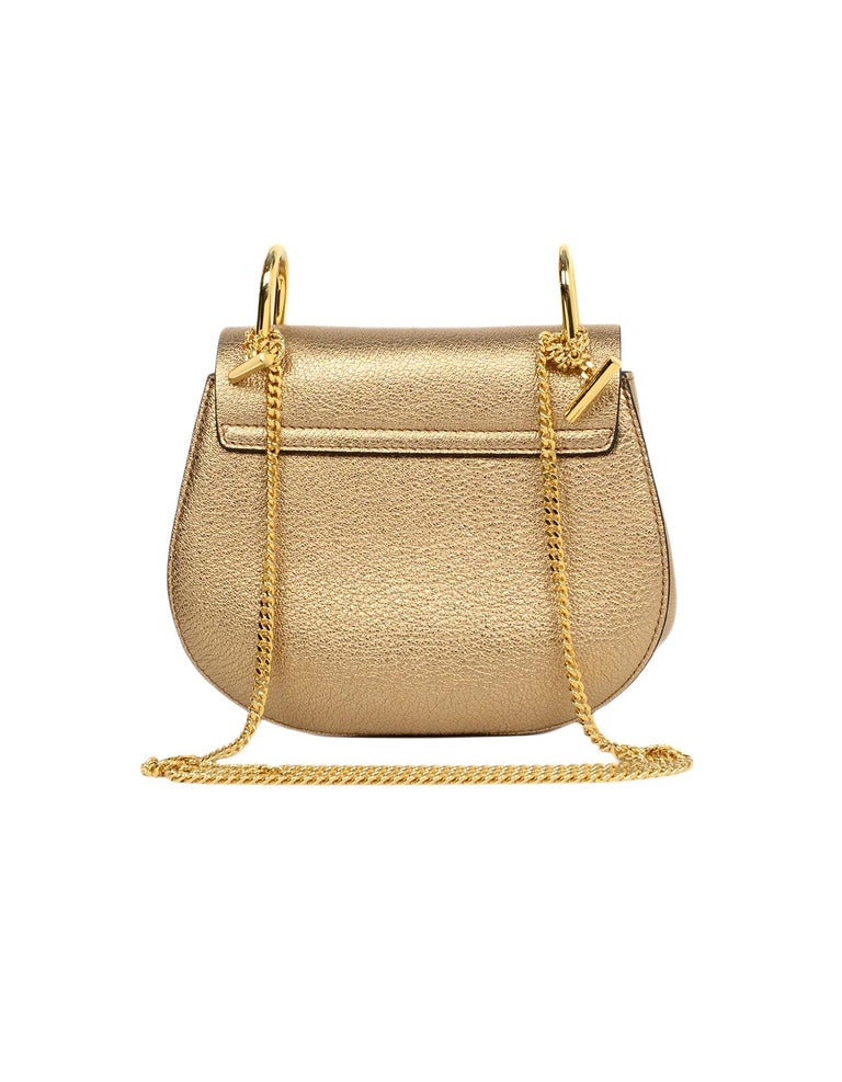 Chloe Gold Metallic Grained Leather Mini Drew Crossbody Bag For Sale at