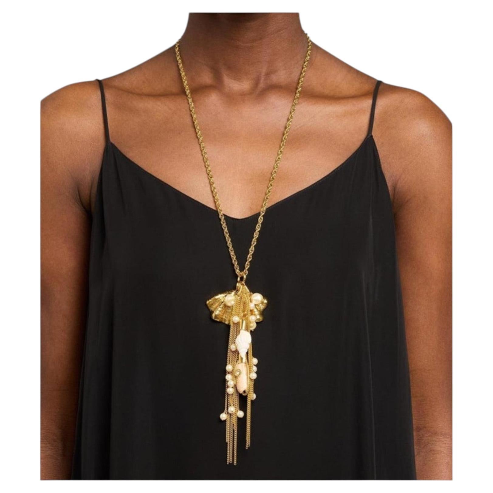 Chloé Gold Tone Brass Shell Pendant Necklace with Natural Pearls