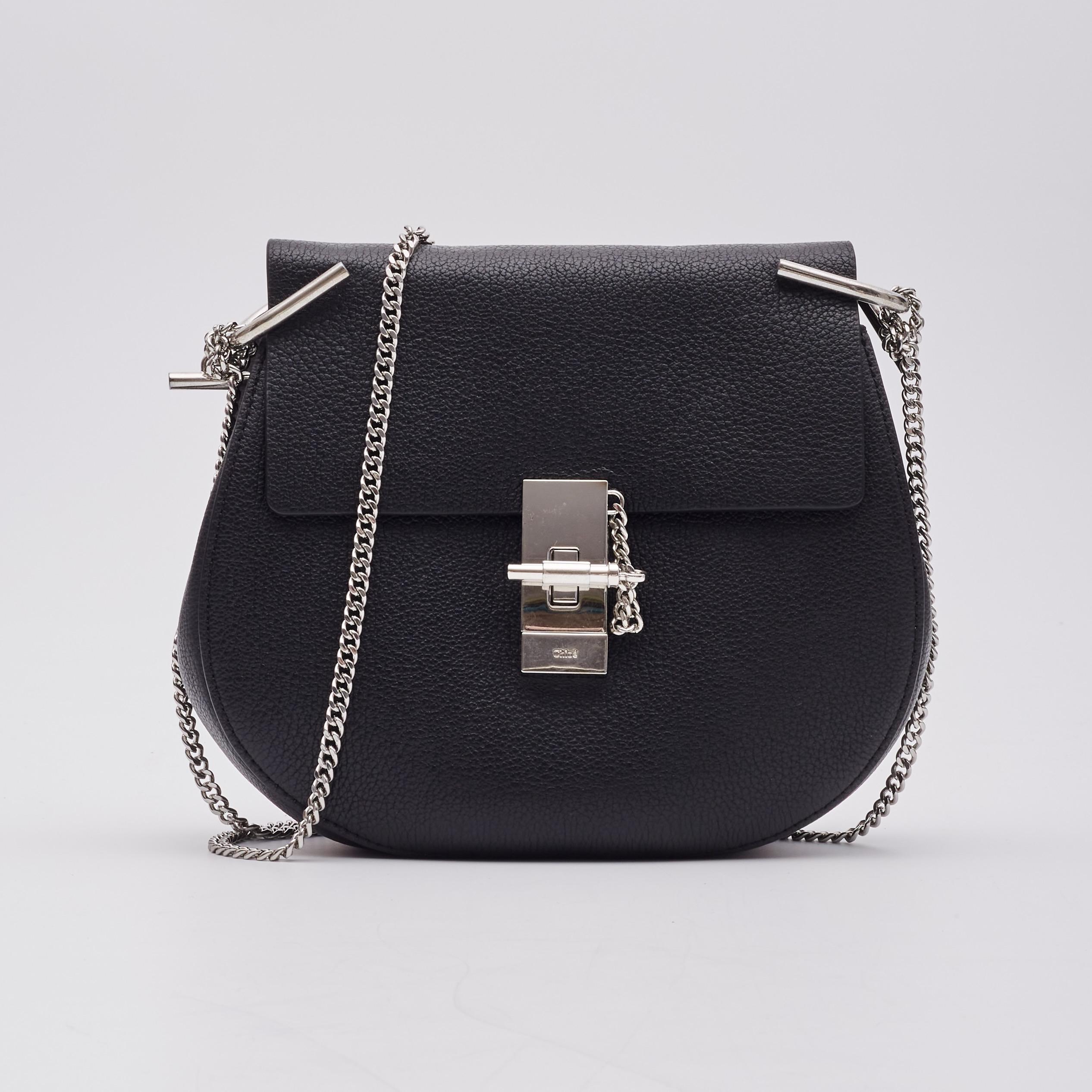 Chloe Grained Calfskin Drew Shoulder Bag Black In Good Condition For Sale In Montreal, Quebec