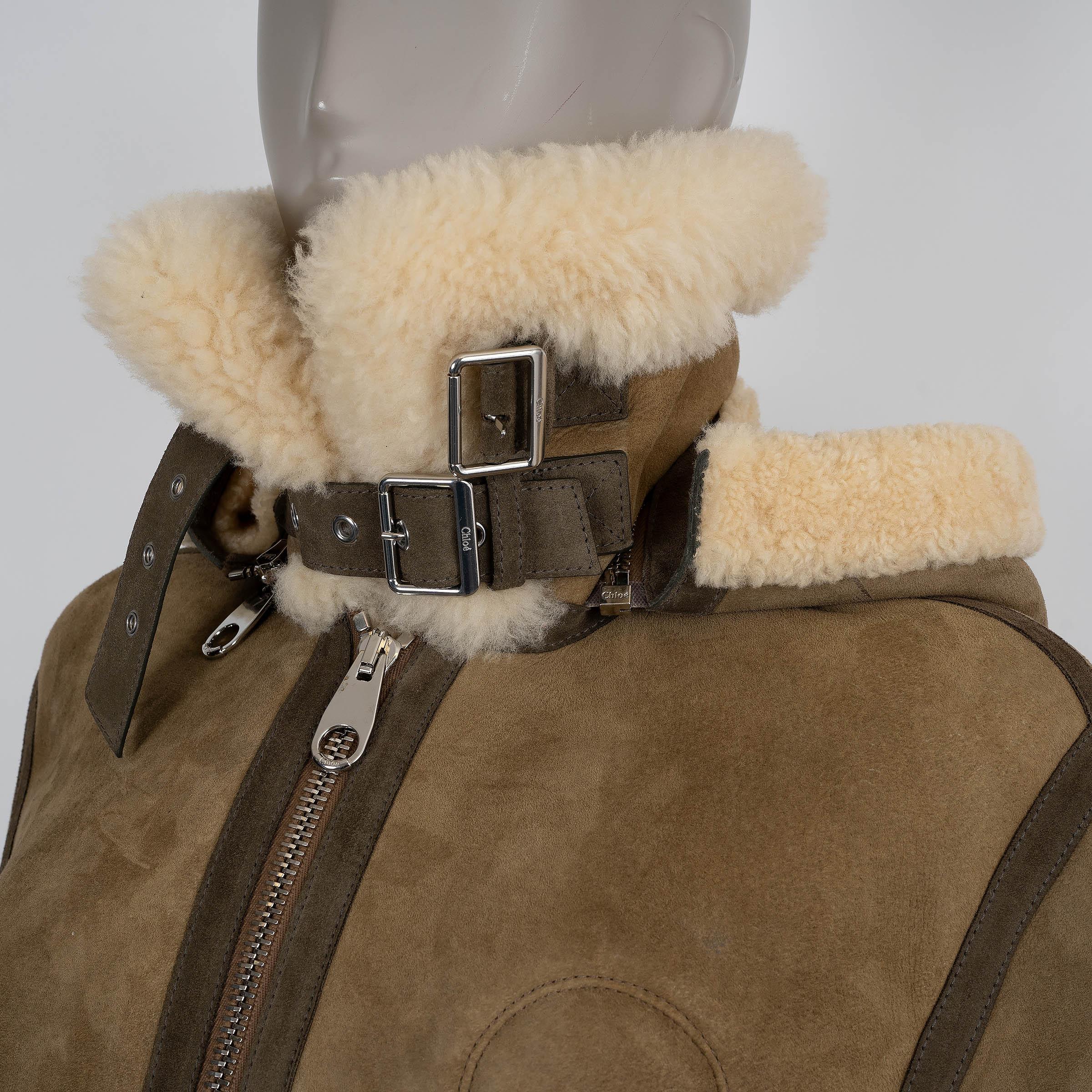 CHLOE Verde Beige ante 2021 SHEARLING Chaqueta bomber 38 S en venta 2