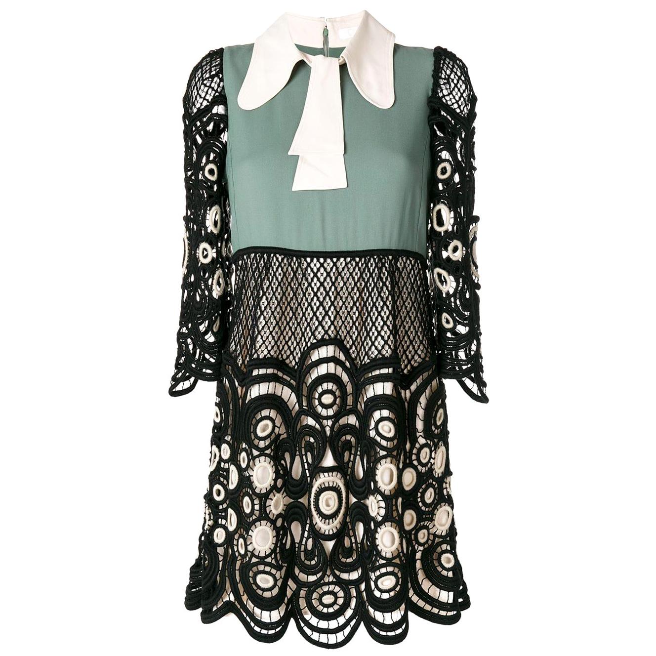 CHLOE green black COLOR BLOCK Lace 3/4 Sleeve Mini Dress 34 XXS For Sale