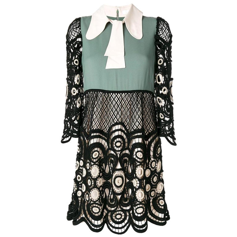 CHLOE green black COLOR BLOCK Lace 3/4 Sleeve Mini Dress 34 XXS For ...