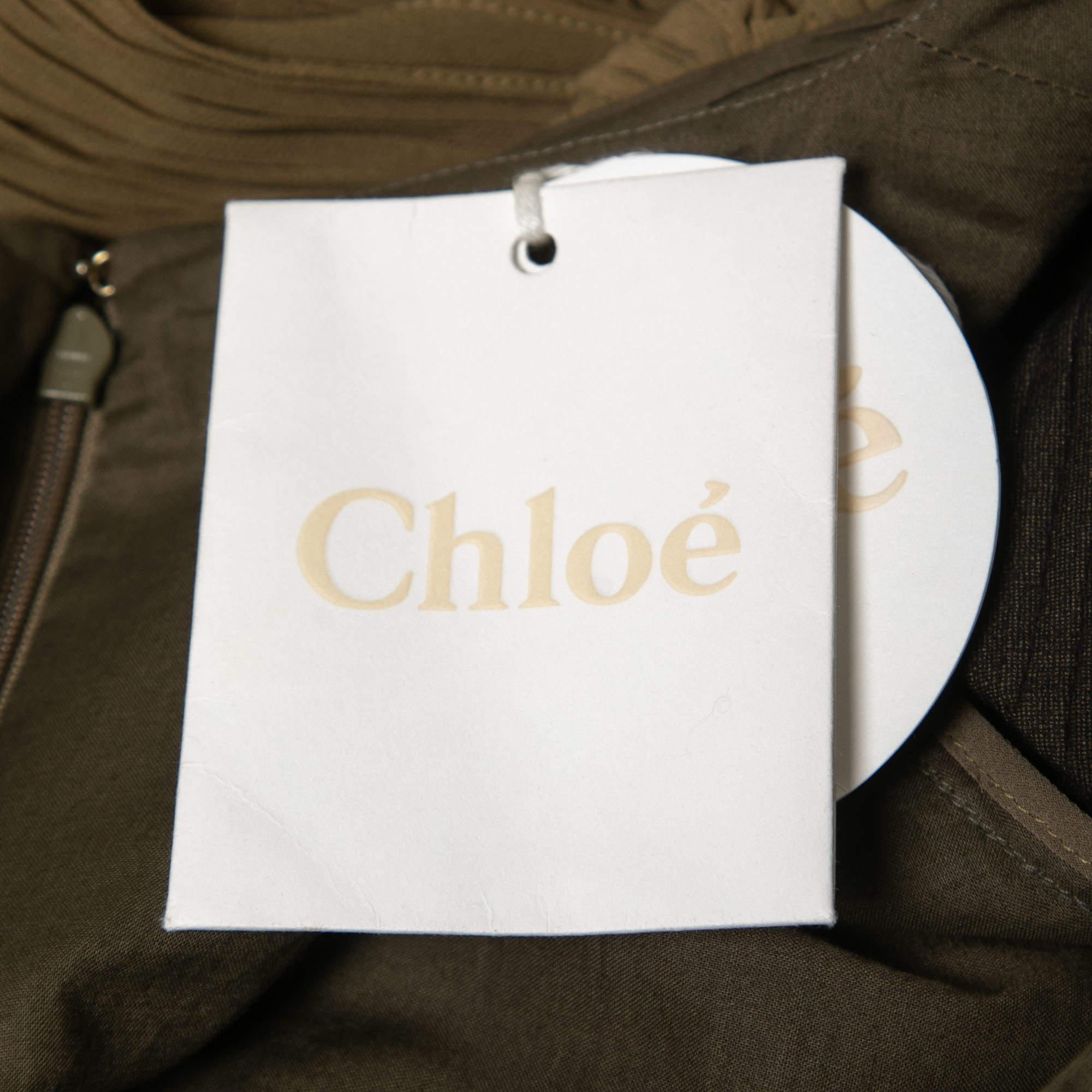 Chloe Green Chiffon & Cotton Plisse Midi Dress M In New Condition For Sale In Dubai, Al Qouz 2