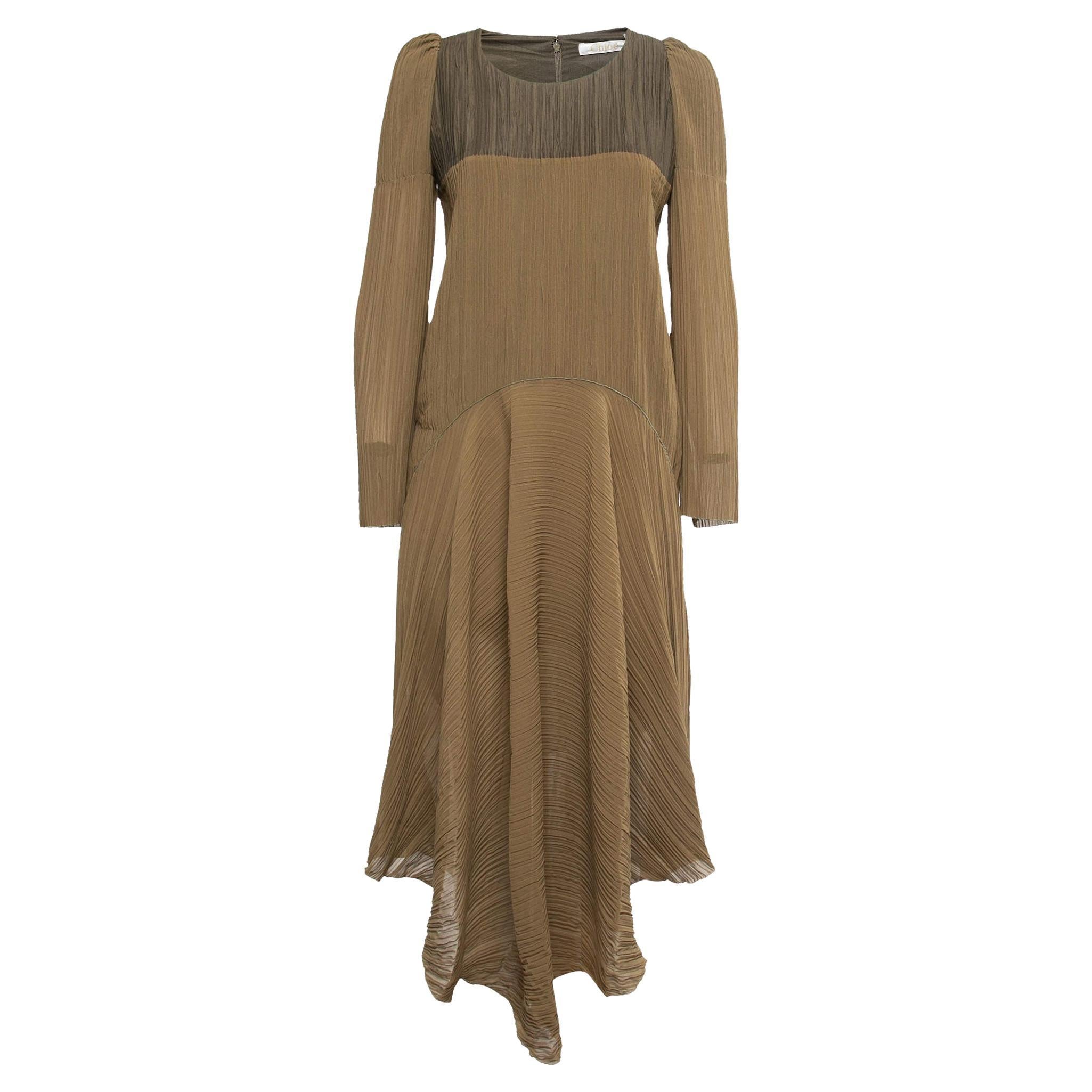 Chloe Green Chiffon & Cotton Plisse Midi Dress M For Sale