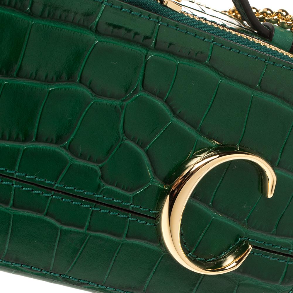 Chloe Green Croc Embossed Leather Mini C Vanity Shoulder Bag 2