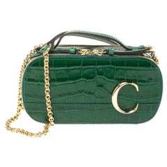 Chloe Green Croc Embossed Leather Mini C Vanity Shoulder Bag