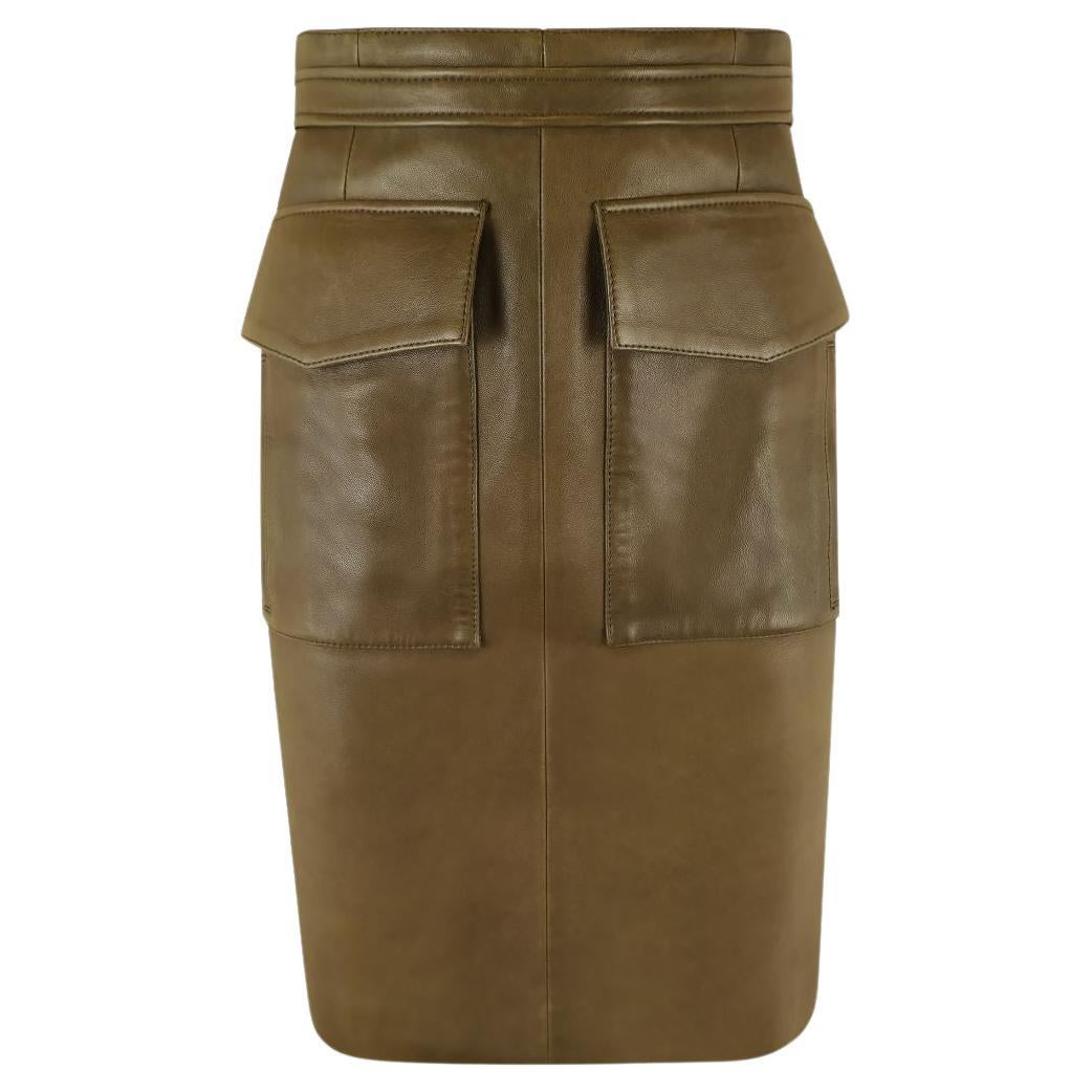 CHLOE Green Lamb Leather Cargo Pocket Knee Length Pencil Skirt For Sale