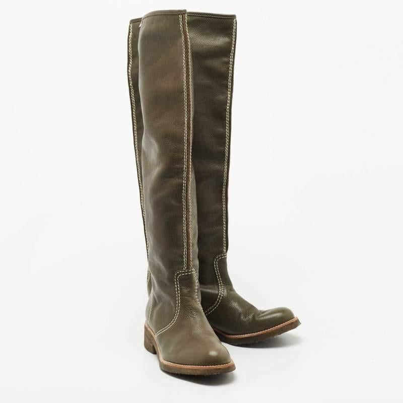 Women's Chloe Green Leather Mallo Knee Length Boots Size 36