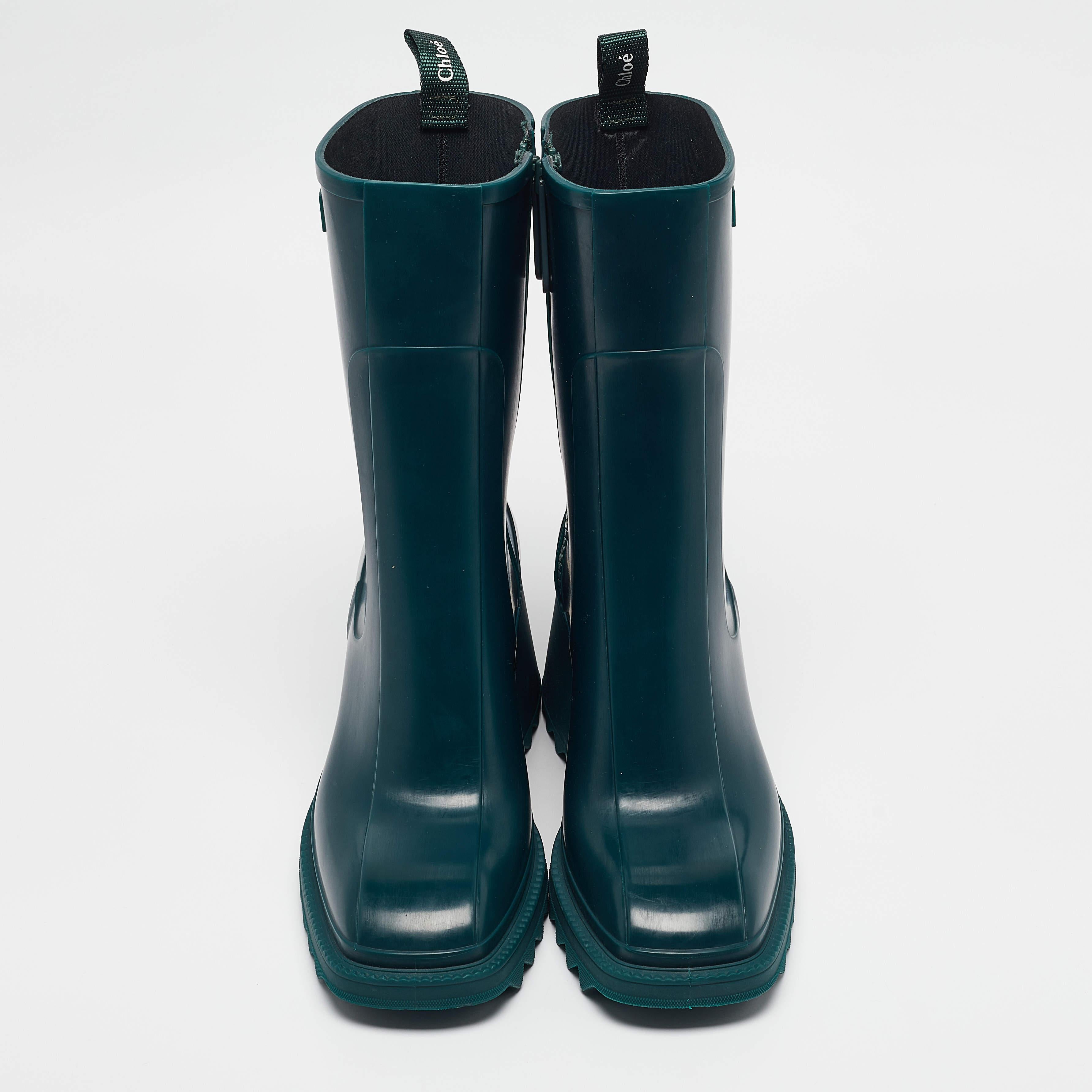 Black Chloe Green Rubber Betty Rain Boots Size 41 For Sale