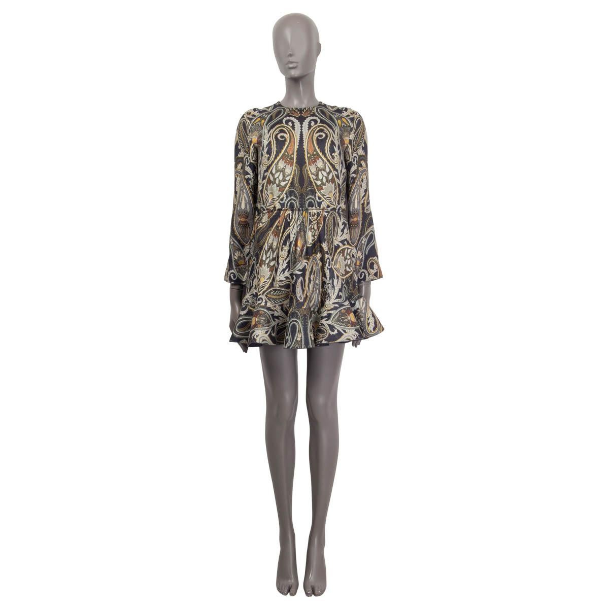 100% authentic Chloé ruched mini dress in shale black, khaki, gray and yellow silk (84%) and polyamide (16%). Features a paisley print and long flared sleeves. Opens with a hook and a zipper on the back. Lined in anthracite silk (84%) and polyamide