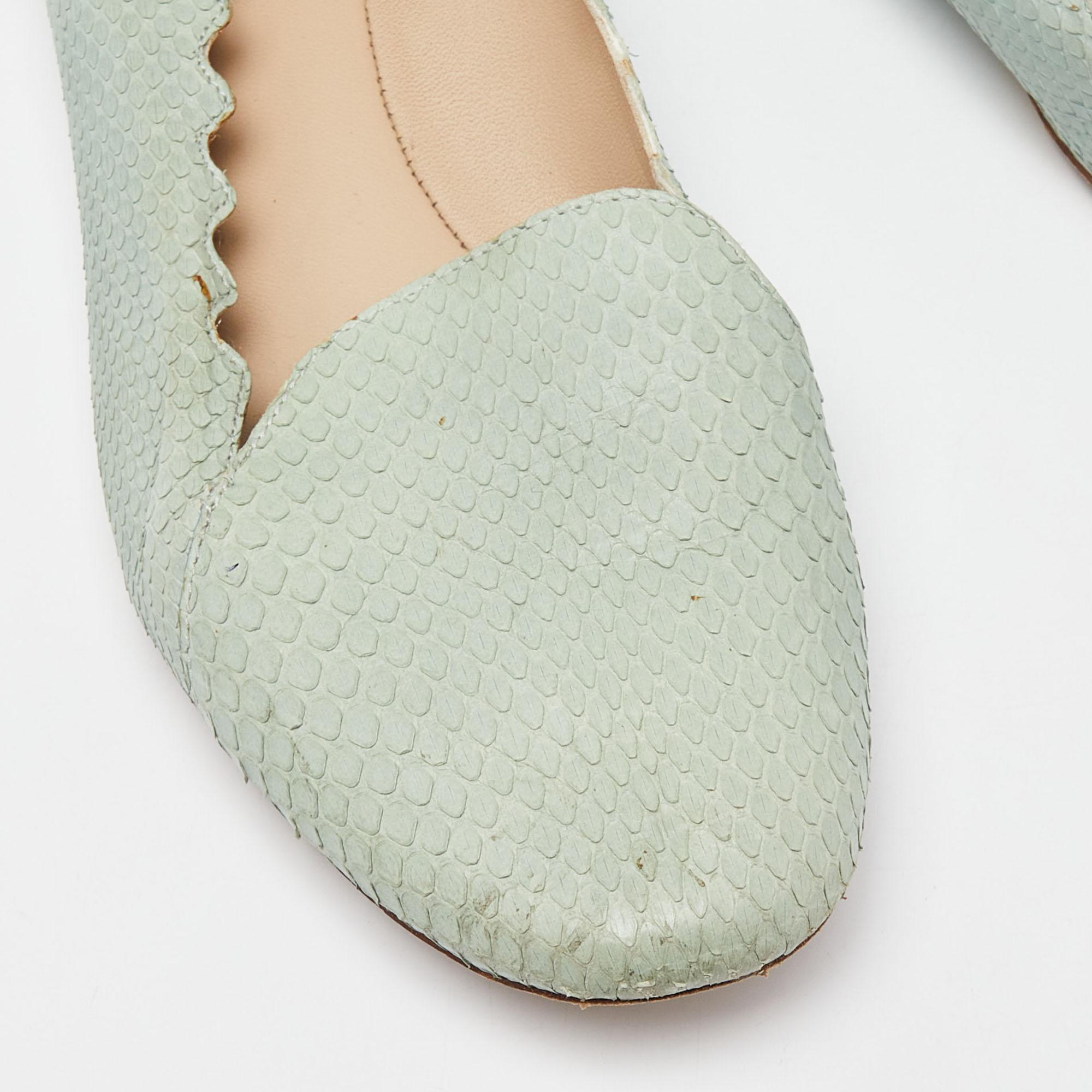 Chloe Grünes Wasserschlangen-Leder mit Wellenschliff Ballett-Flats Größe 38 im Angebot 2