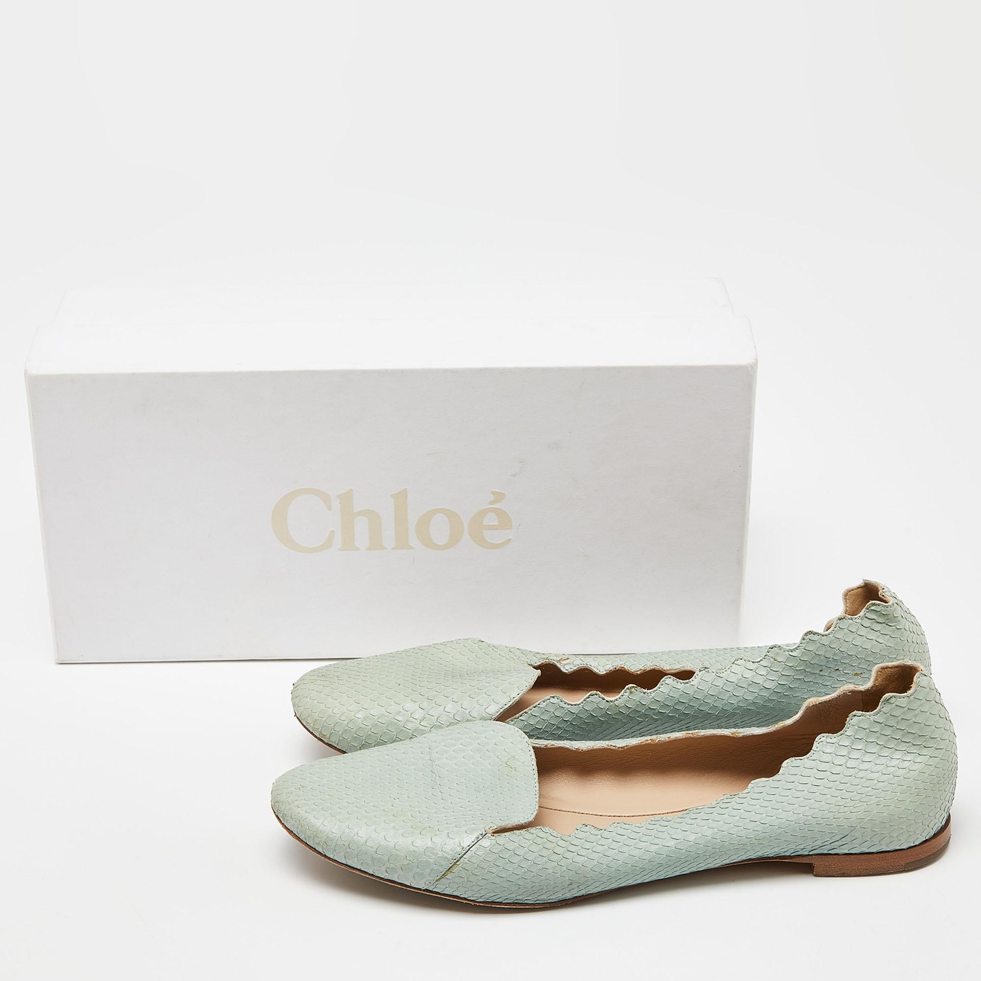 Chloe Grünes Wasserschlangen-Leder mit Wellenschliff Ballett-Flats Größe 38 im Angebot 4