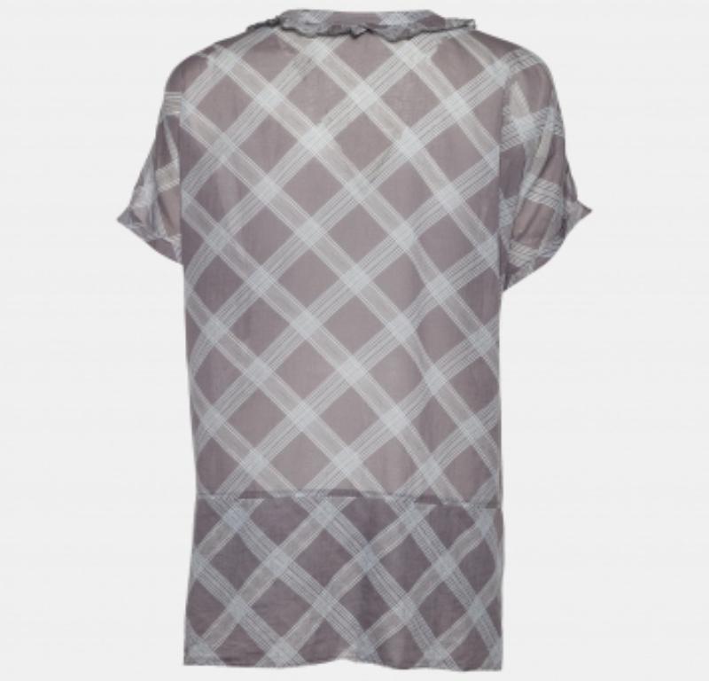 Chloe Grau Karo-Druck Baumwolle Rüschen-Detail Übergröße Bluse L Damen im Angebot